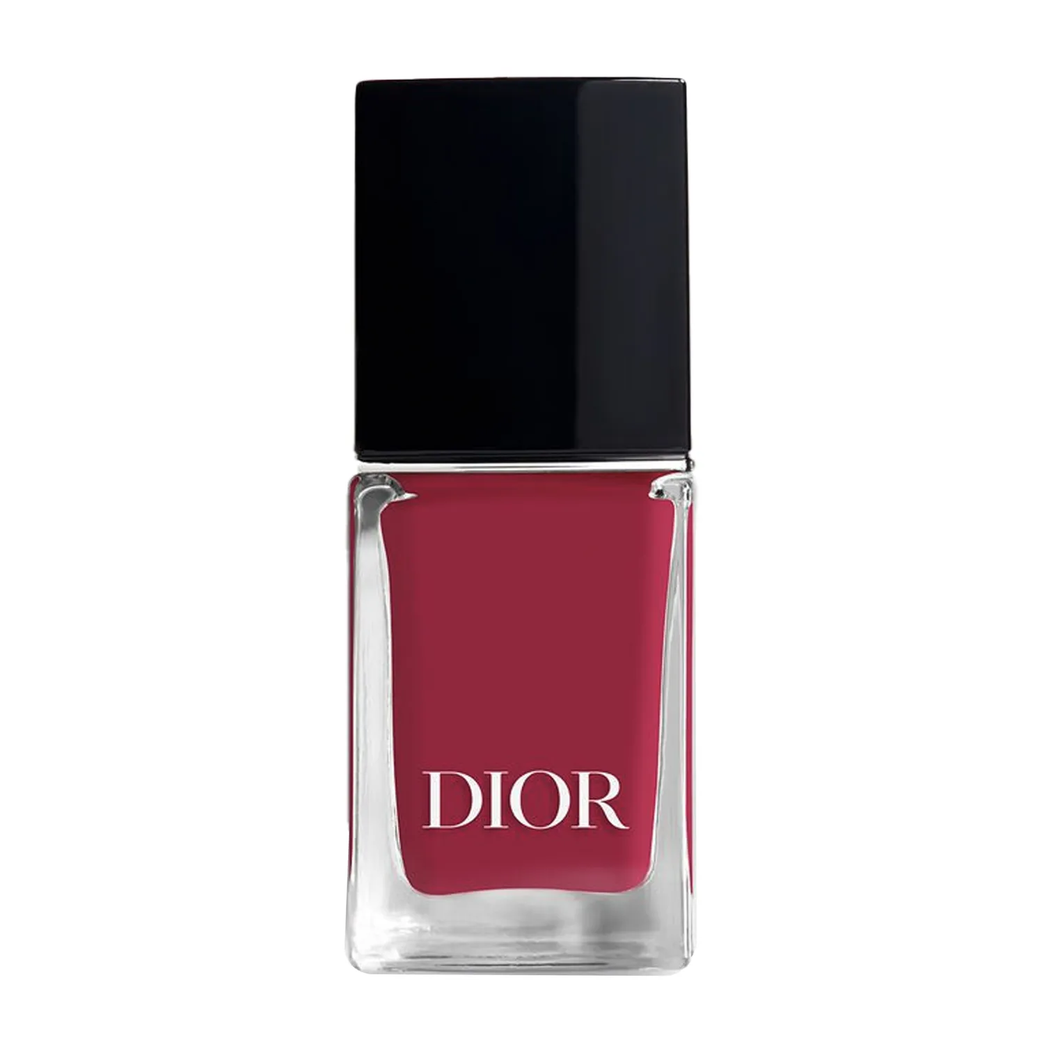 A bottle of Dior nail polish with a dark shade inside