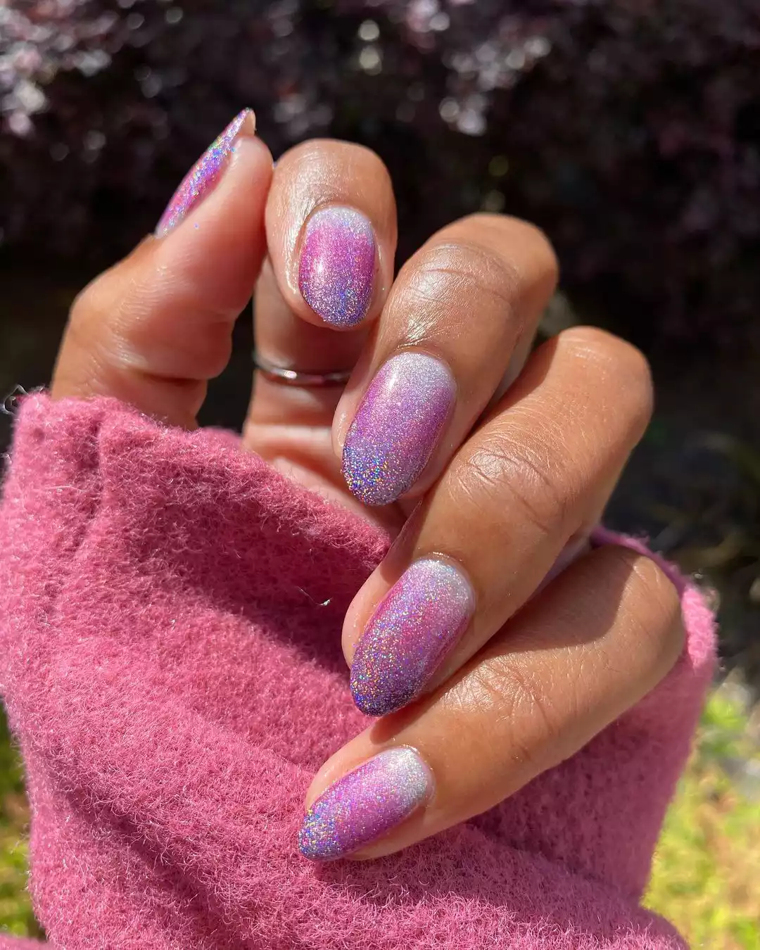 three toned gradient manicure with pink, white, and purple