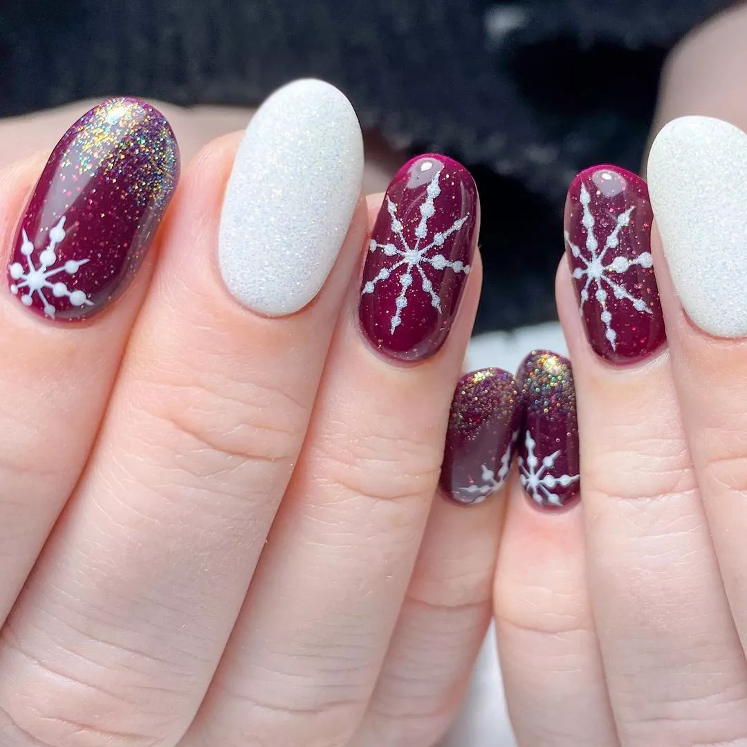 Burgundy Snowflakes Winter Nails