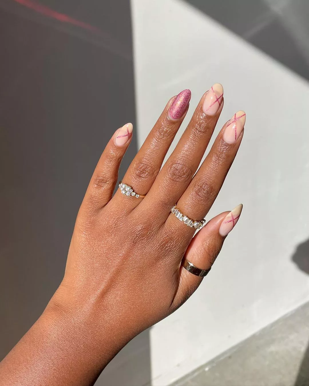 pink glitter polish manicure