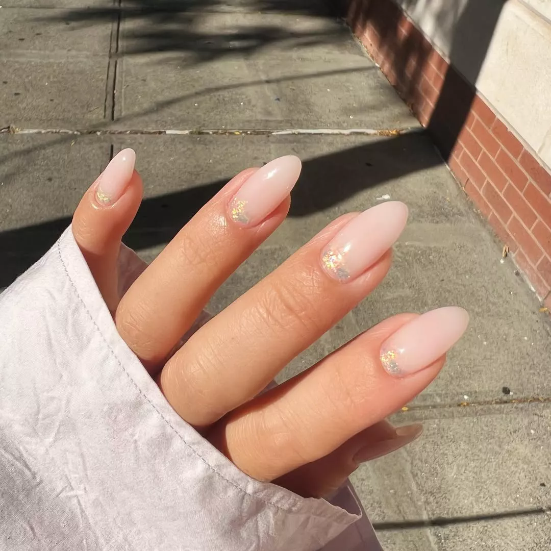 Shimmer Half Moon Winter White Nail Ideas
