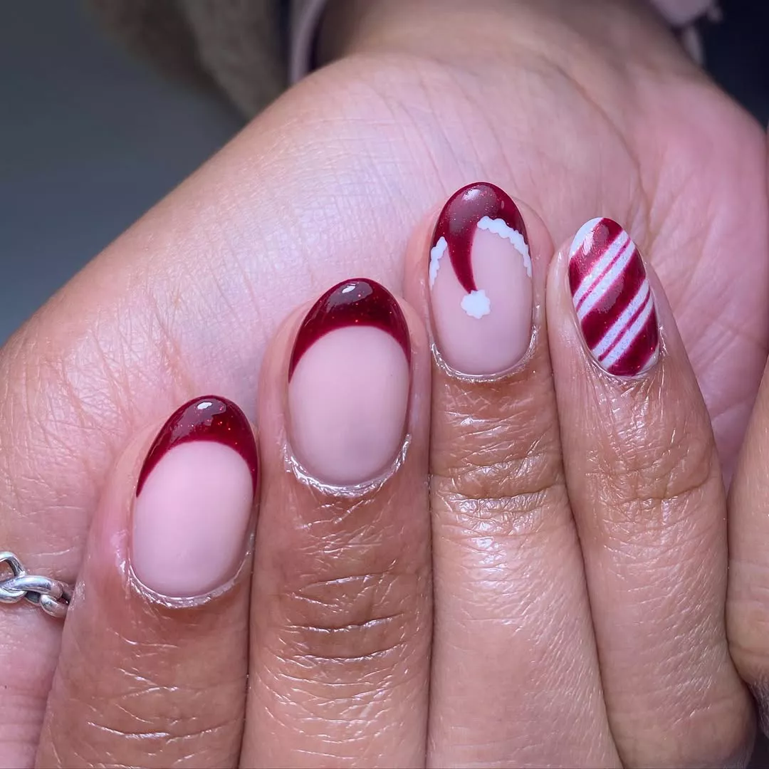 Santa Hat French Candy Cane Nails