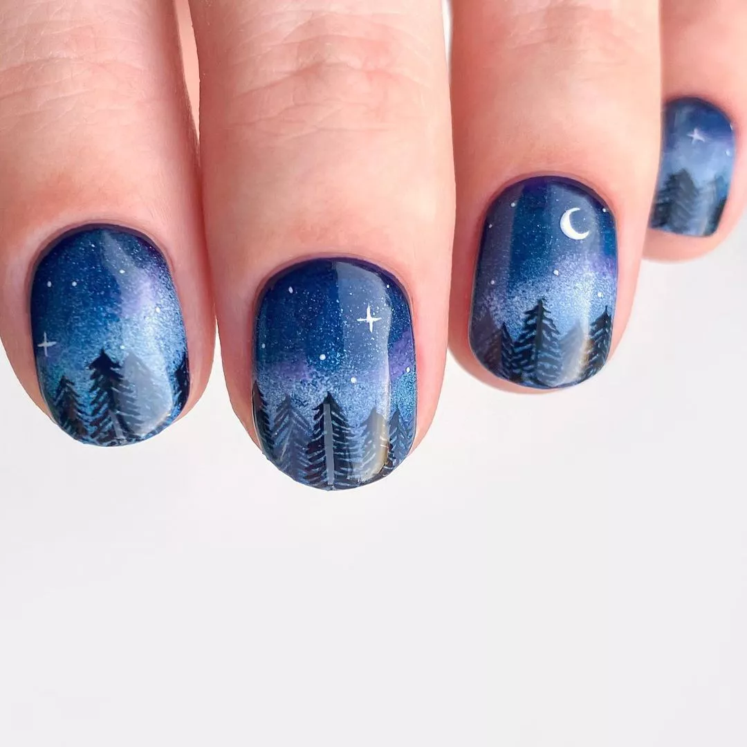 Starry Forest Winter Nails