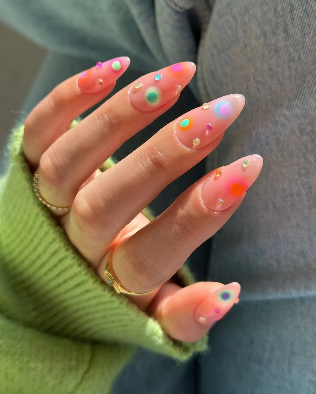 Medium-length gem nails with different color dots on each
