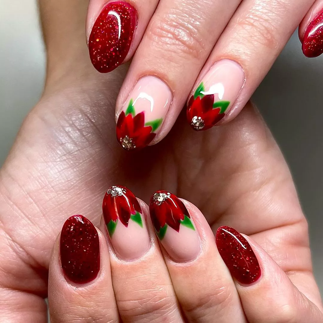 Christmas French Nails Poinsettia Polish