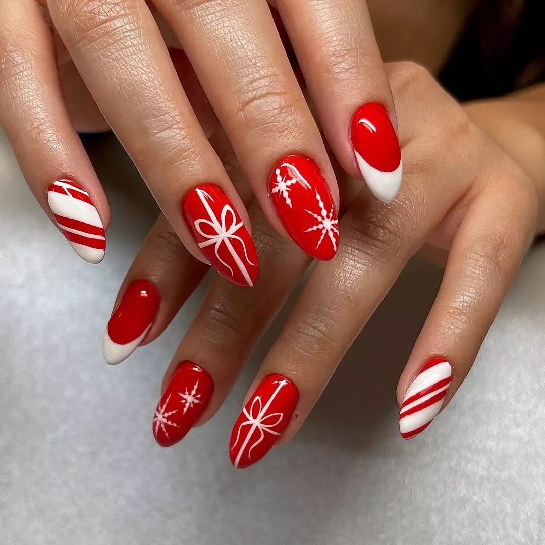 Ribbon And Snowflake Candy Cane Nails