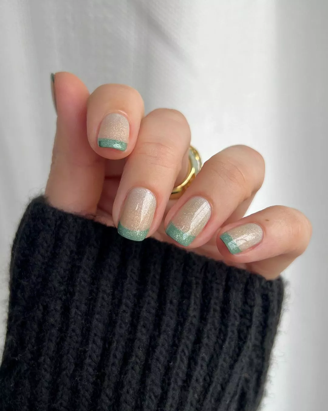 green french manicure with glitter top coat