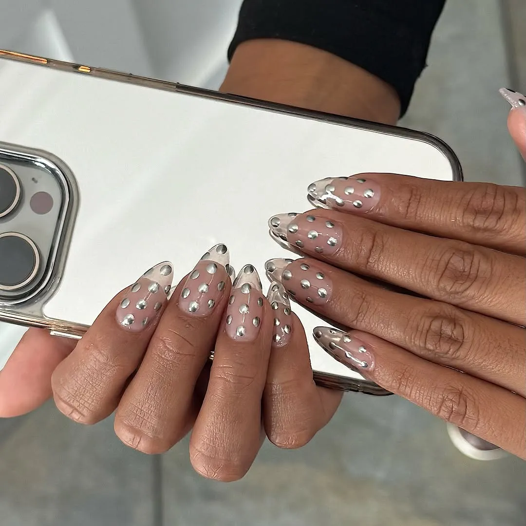 Clear glass nails with silver chrome polka dots
