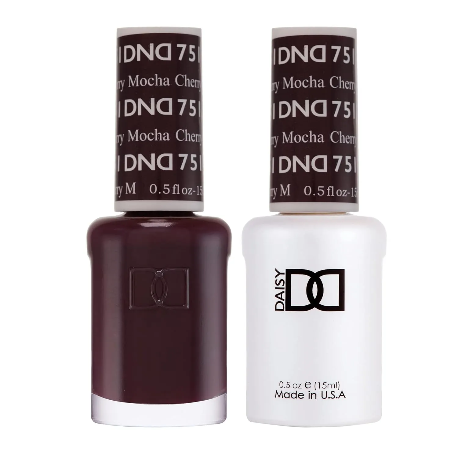 Two nail polish bottles one dark and one white labeled DND Daisy