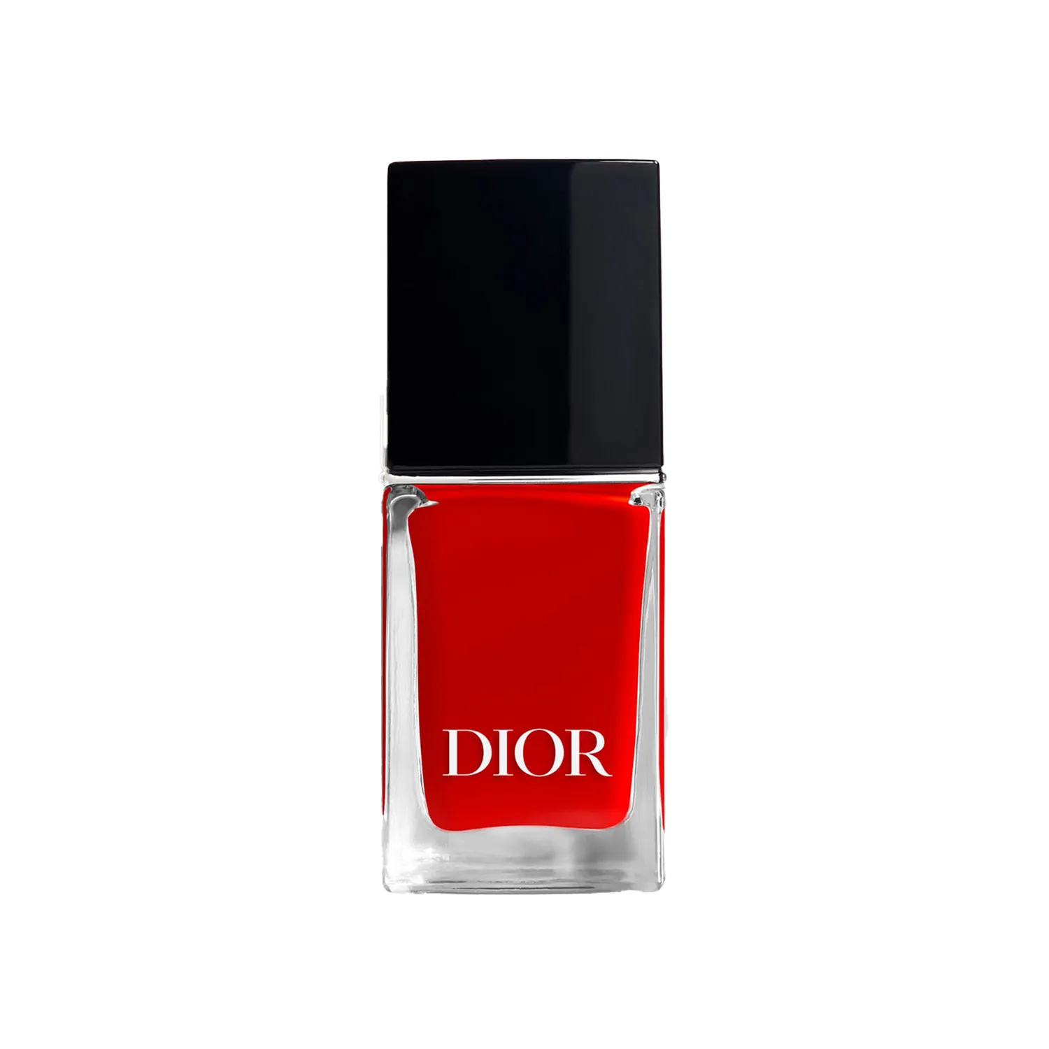A Dior nail polish bottle with a black cap containing red polish