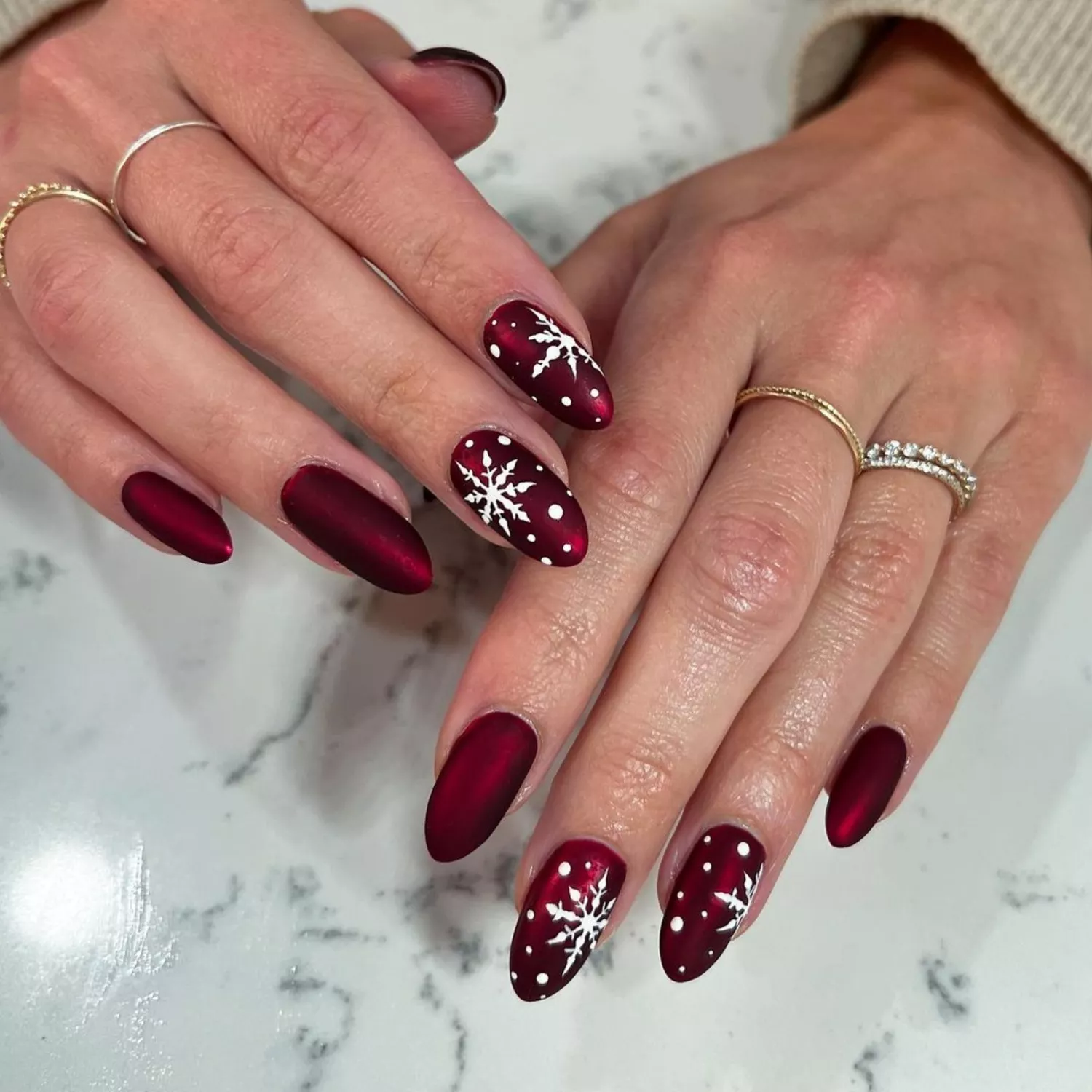 Matte Cranberry Chrome Snowflake Nails - InStyle December Nails 