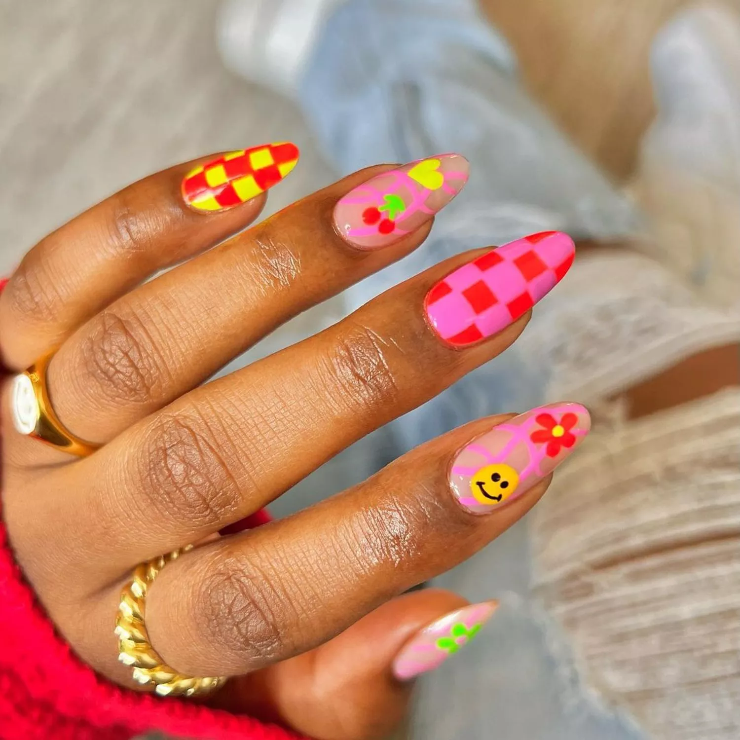Neon checker cherry nails
