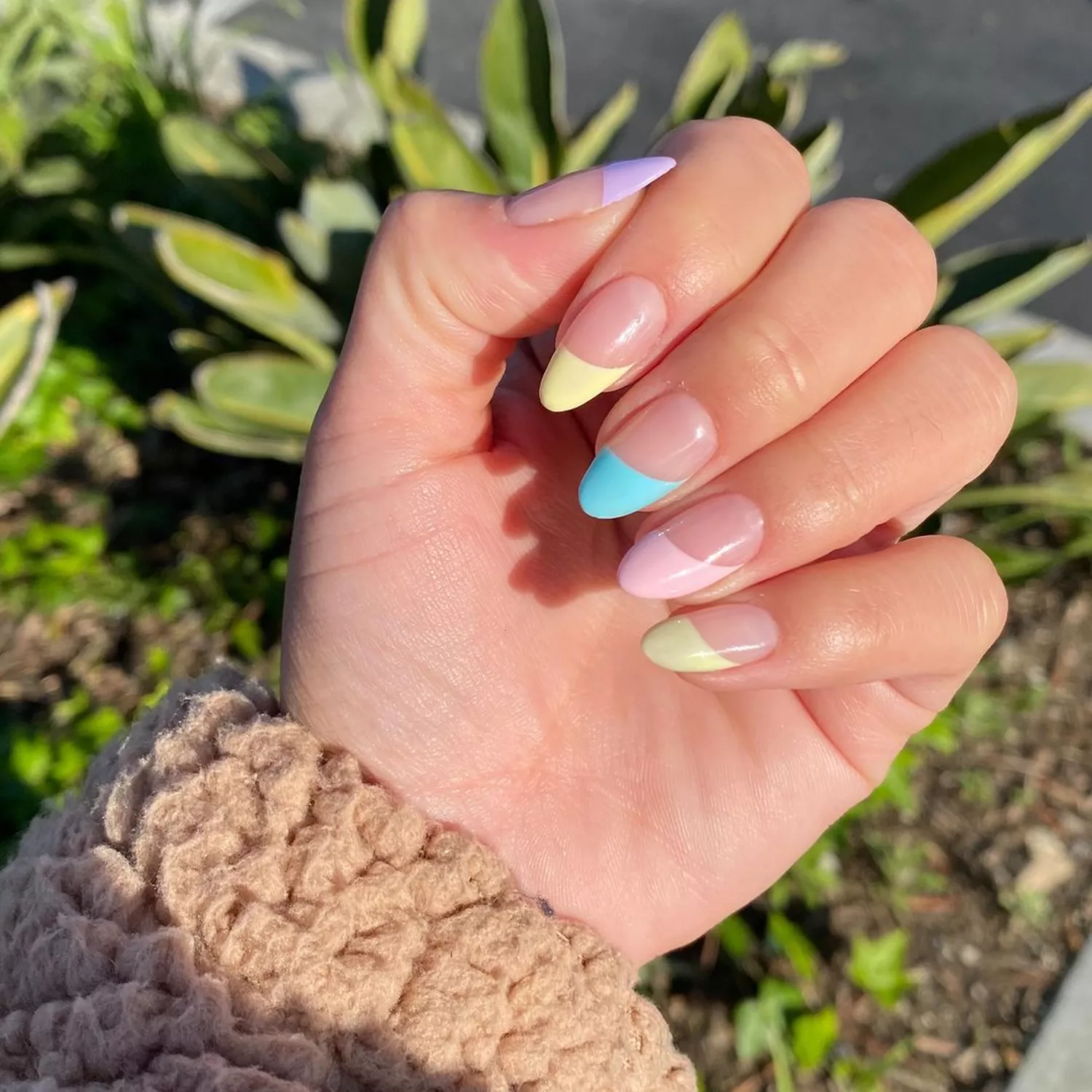 Almond-shaped nails with arched pastel French tips