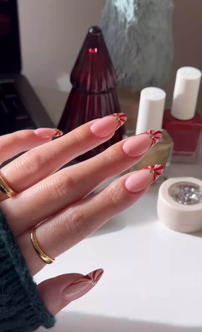 Gem French Candy Cane Nails