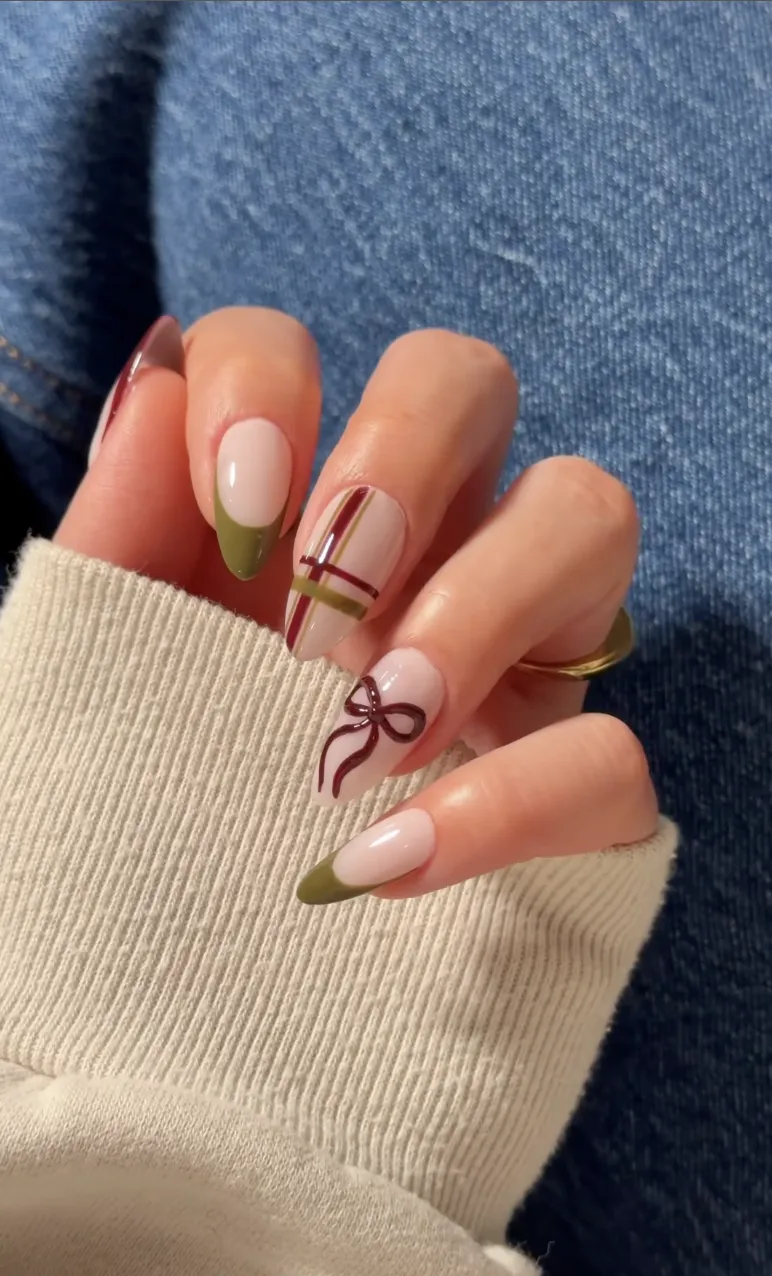 Olive green french nails with gift wrap designs