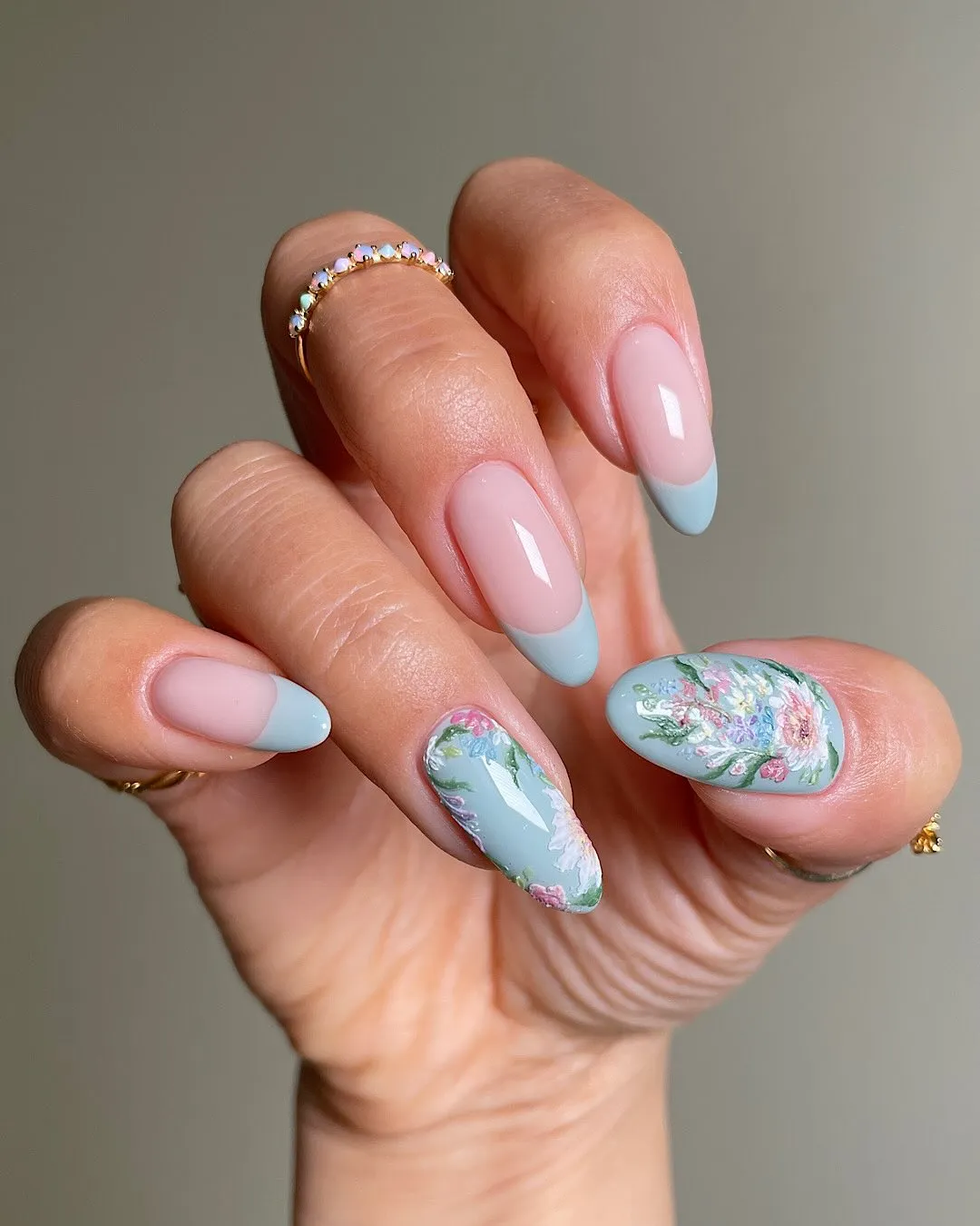 Blue and floral french tips