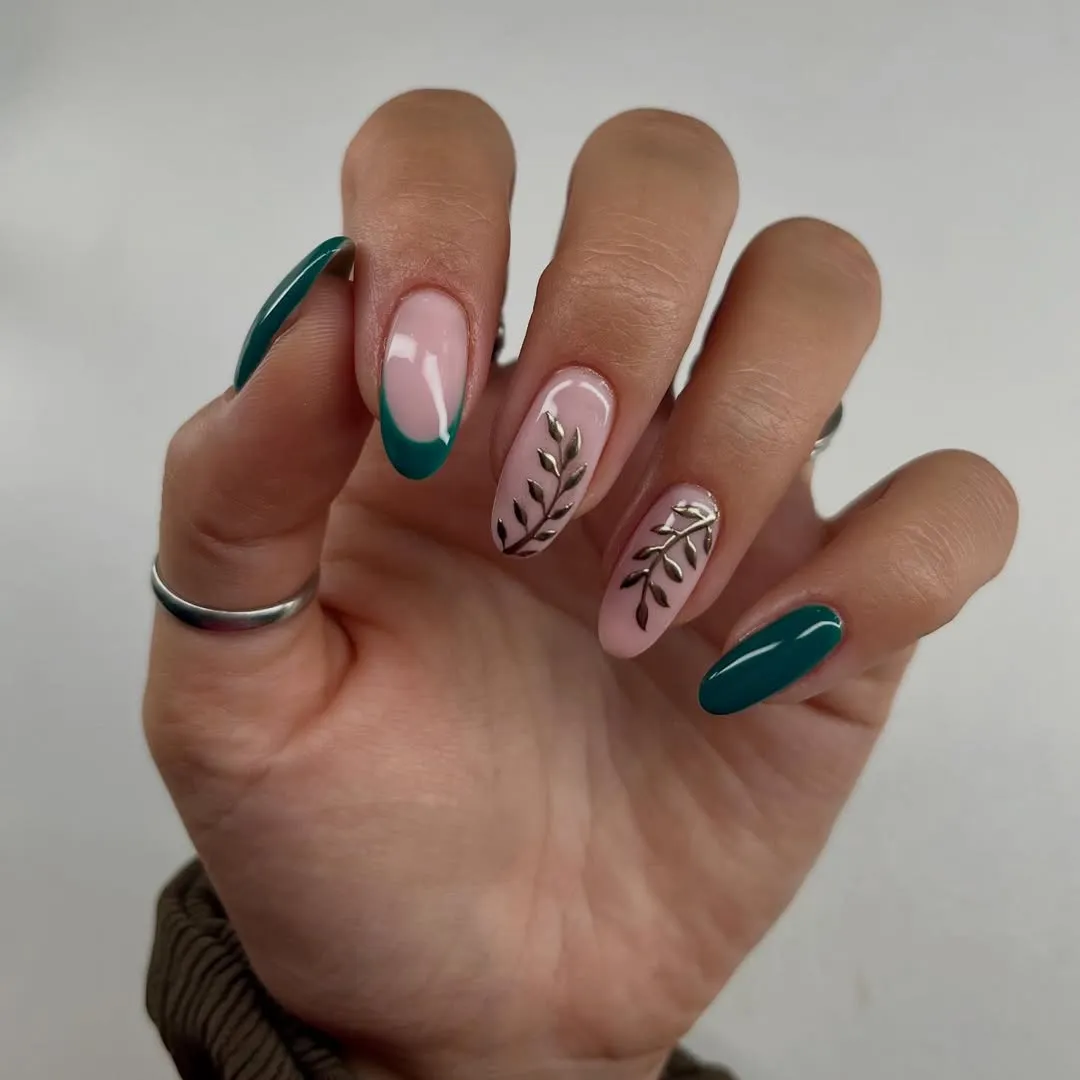 Forest green french nails with gold leaf accents