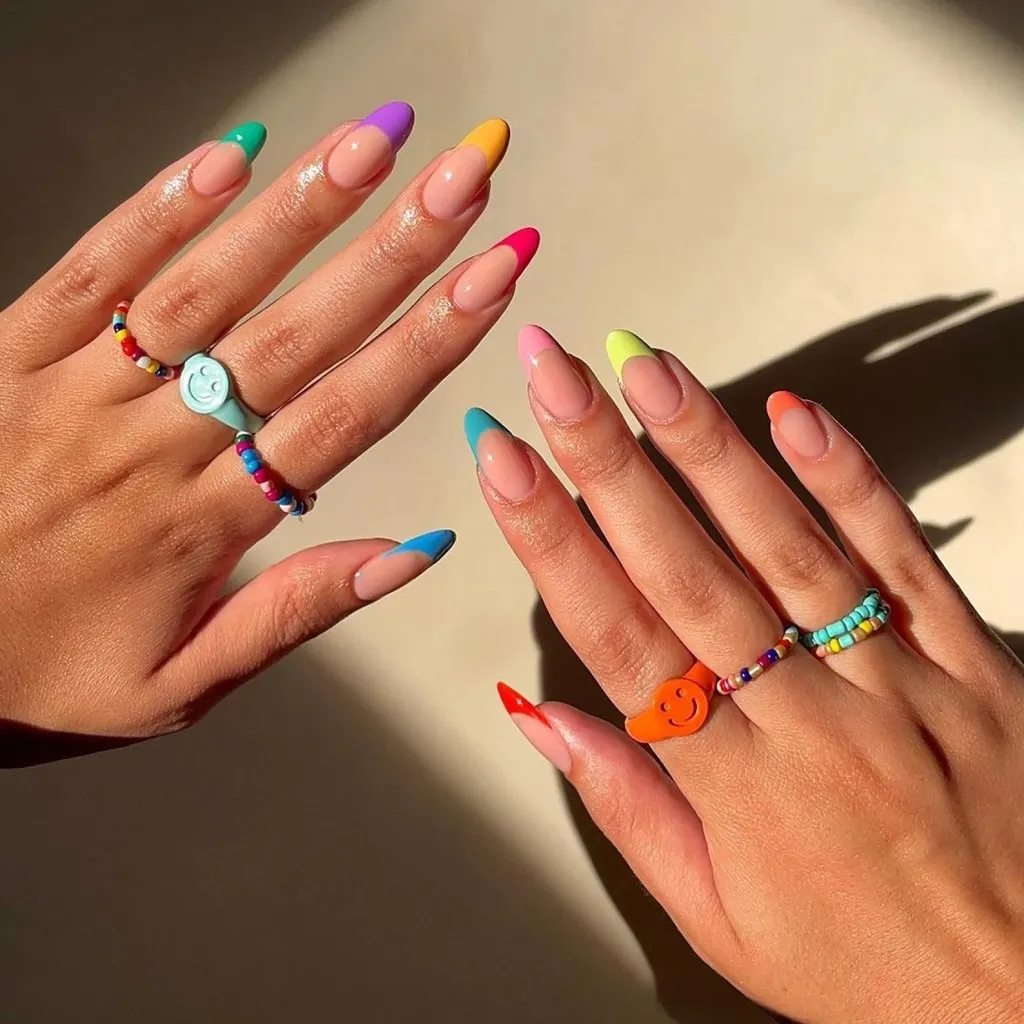 bright colorful mismatched french manicure
