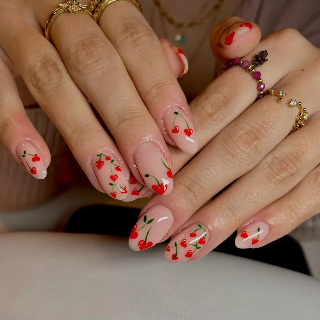 cute almond shaped red heart cherry nail inspo