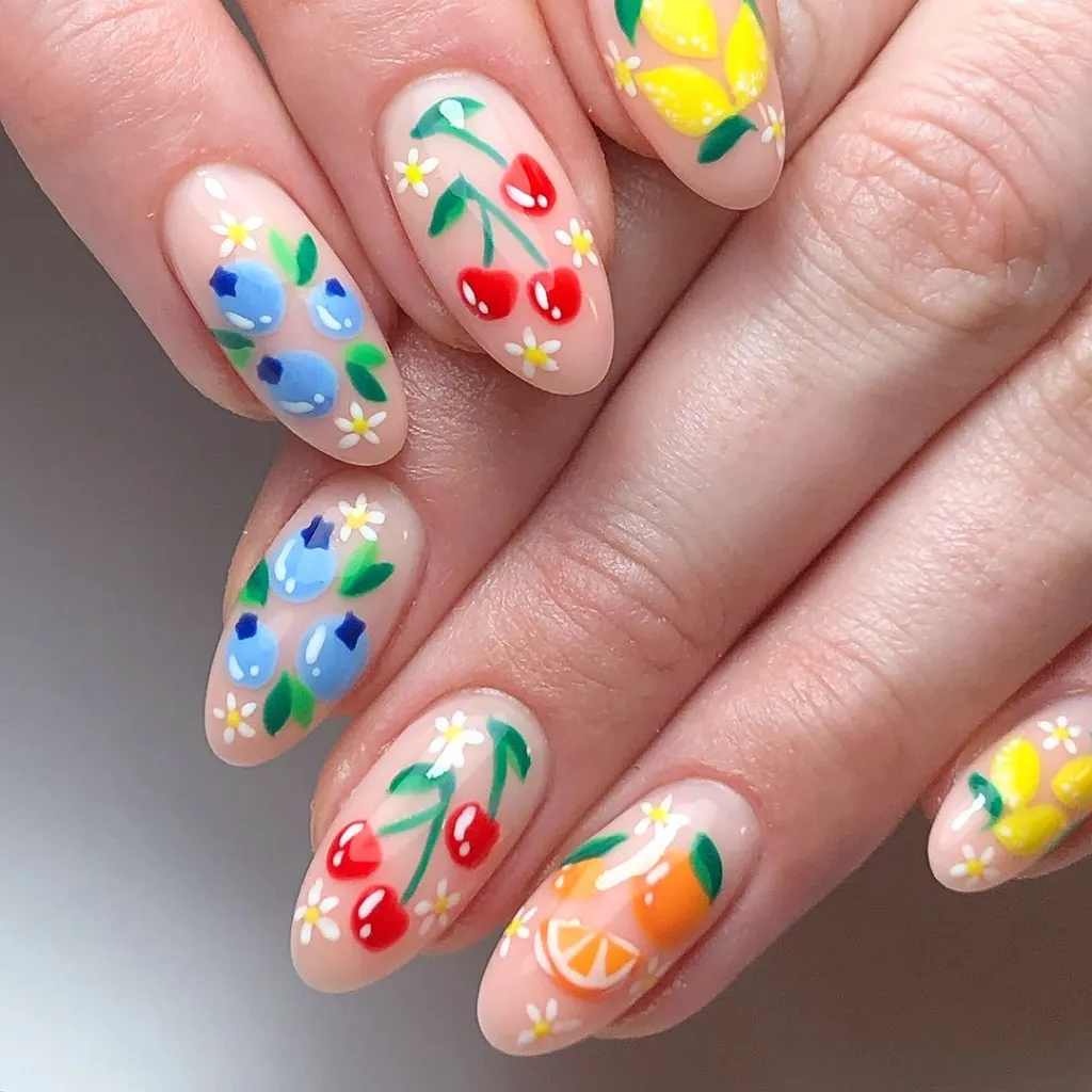 fruit inspired almond shaped manicure with blueberry lemon and orange designs
