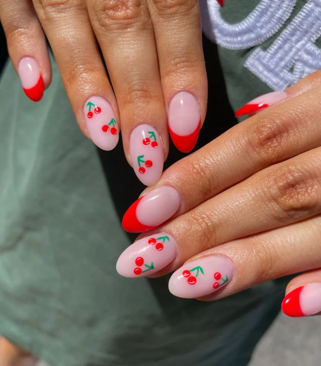 red french tip manicure with simple and easy cherry nails design