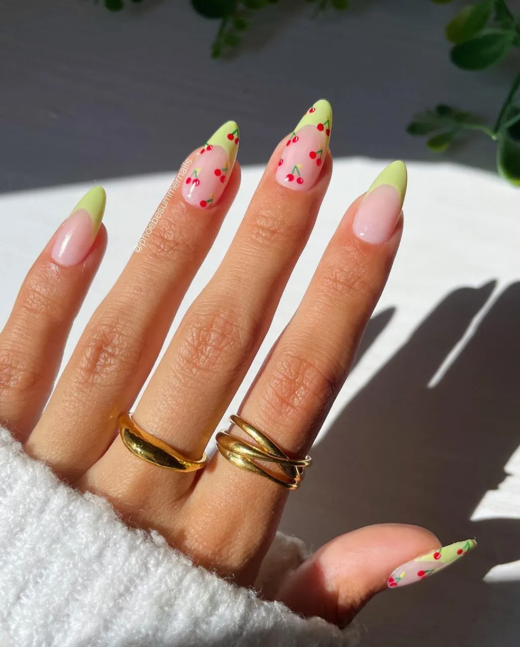 trendy manicure with simple cute cherry nail art combined with lime green french tip designs