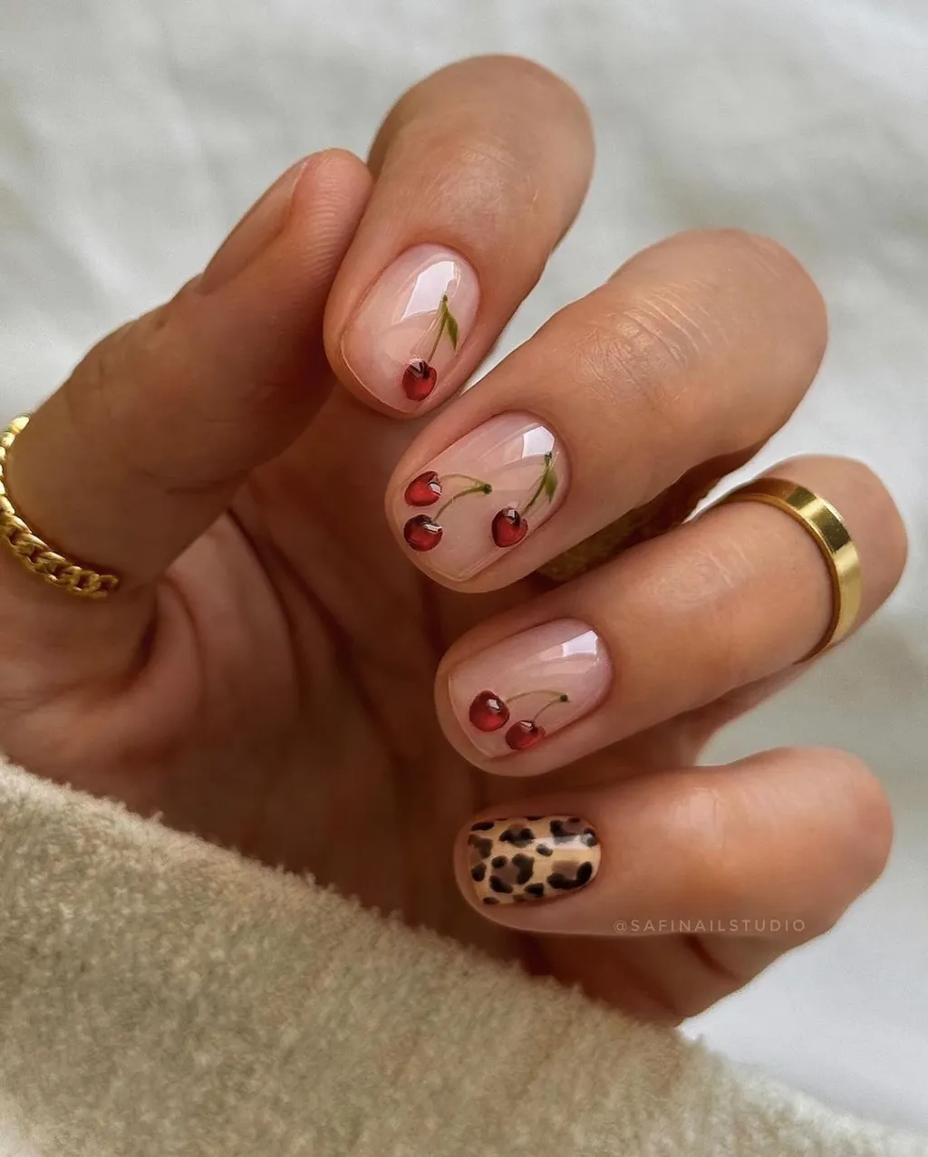 simple short 3D red cherry nails with leopard print accent designs