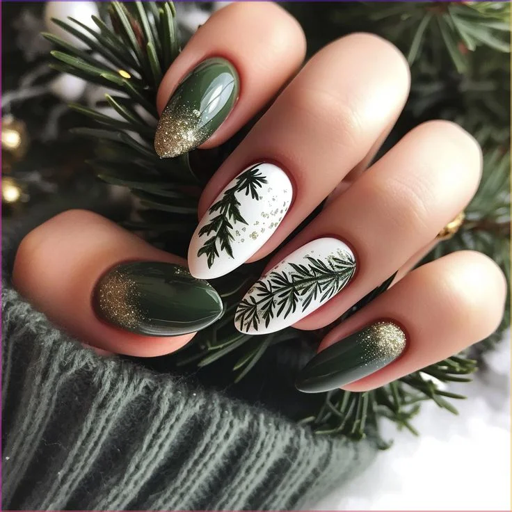 22 Green Christmas Nails 2024-2025 Ideas with Glitter, Bling Snowflake Designs and Emerald Dark Forest Trends
