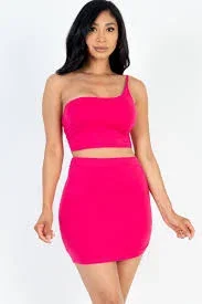 [$3/piece] One Shoulder Ruched Crop Top & Mini Skirt Set - FUCHSIA / S-M-L / 2-2-2