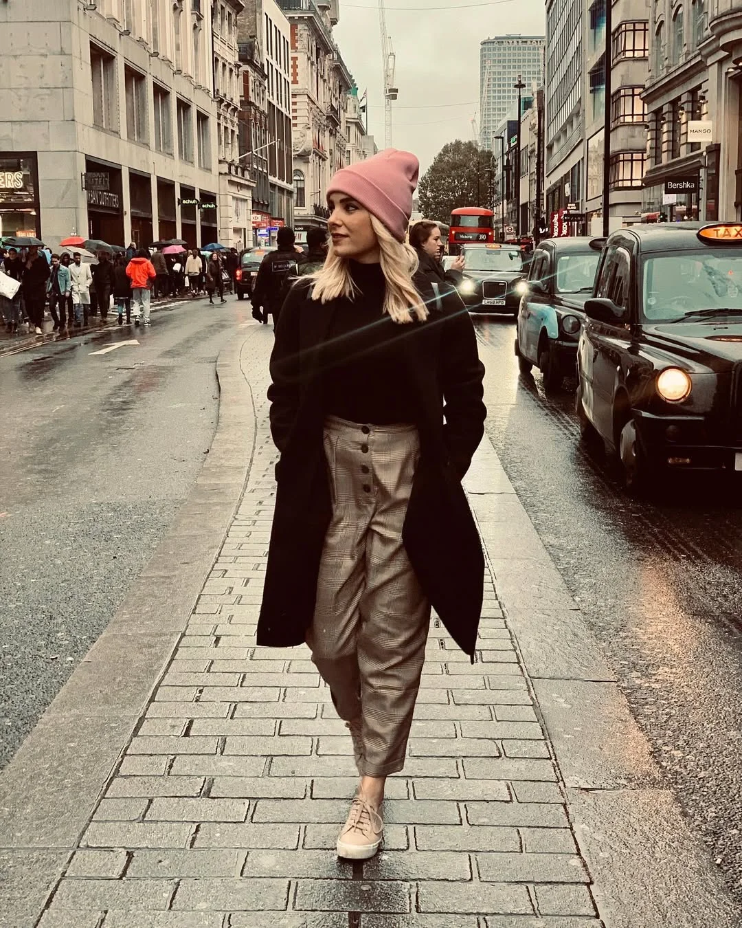 90s Inspired Plaid Jumpsuit With Pink Beanie