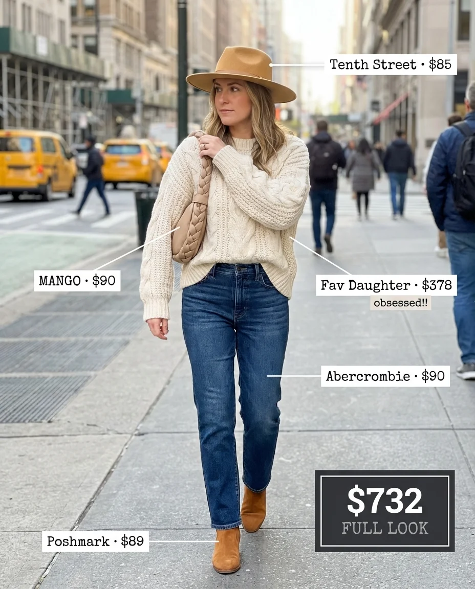 A cozy Southwestern charm western chic outfits 2026 with a cream cable knit sweater, medium wash jeans, and camel felt hat. Tan suede boots and hobo bag.