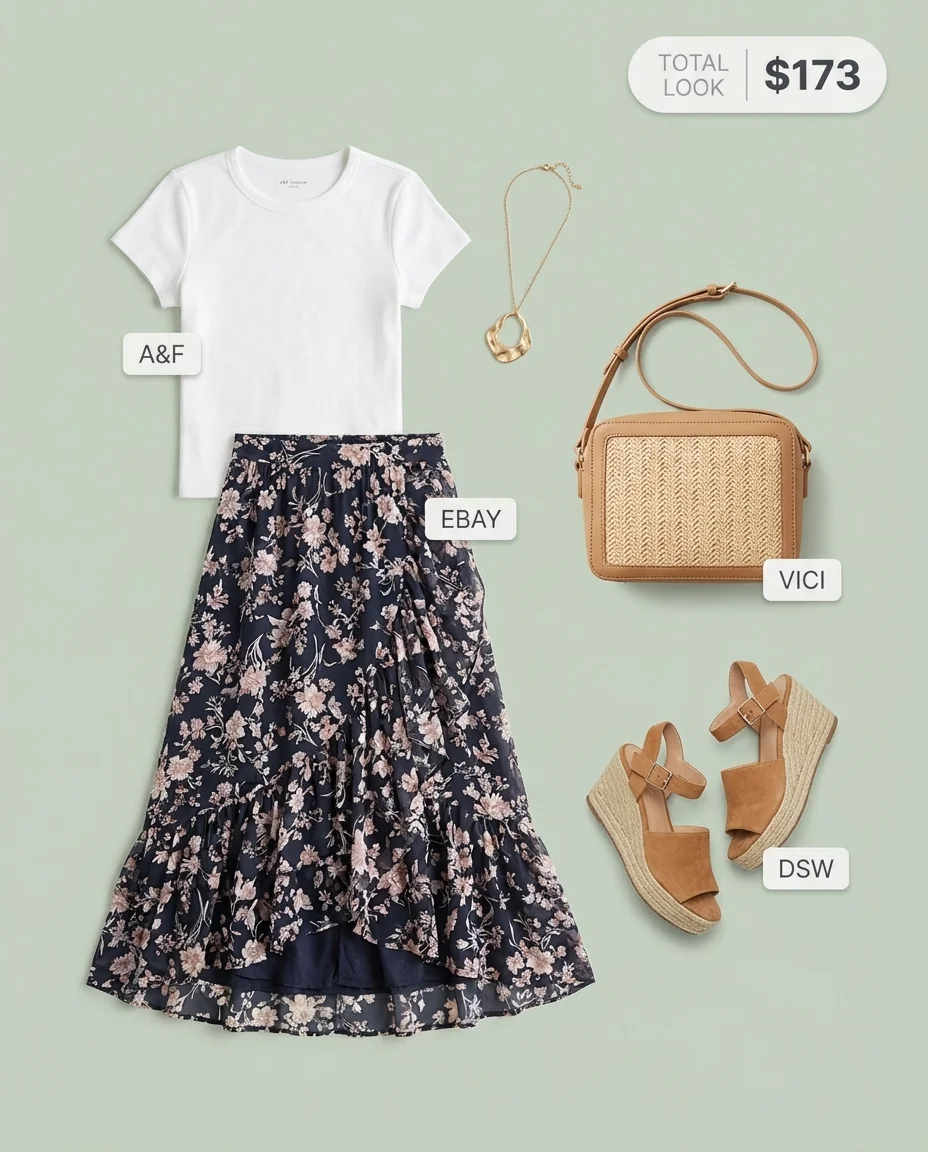 A feminine navy floral tiered midi skirt, white fitted t-shirt, tan espadrille wedges, and woven straw crossbody create a fresh summer mom outfit 2026.