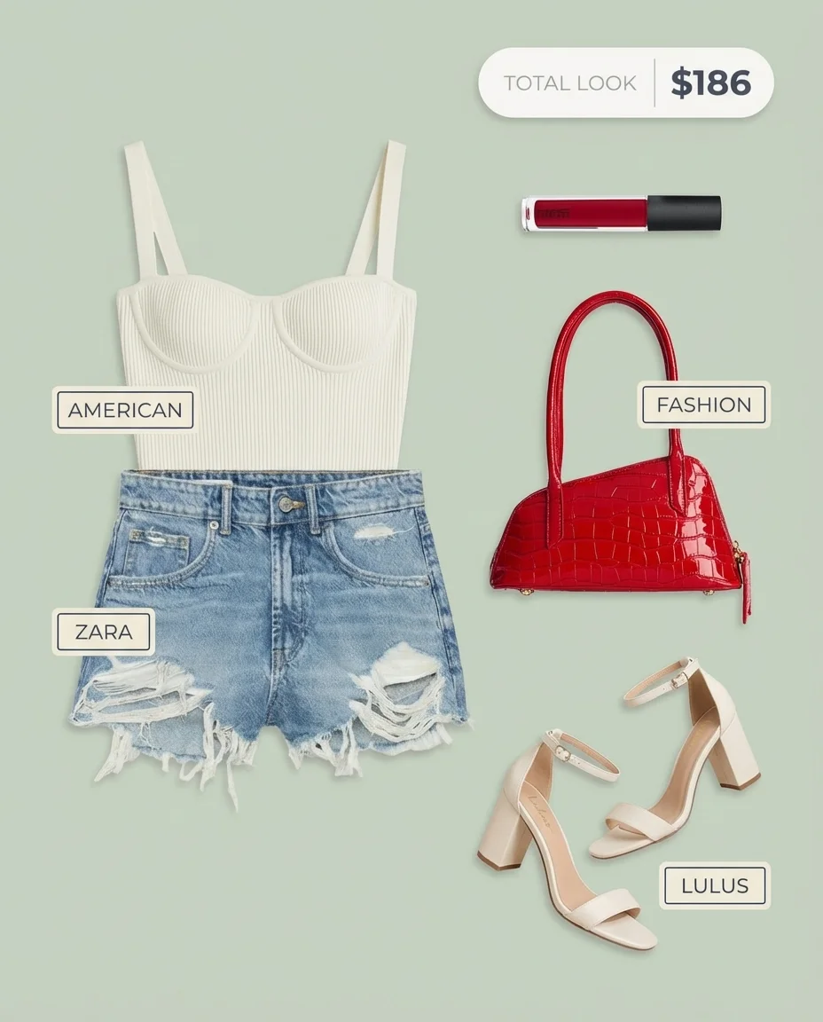 A playful baddie summer outfit for a casual day, featuring distressed denim shorts, a white ribbed bustier crop top, red heels and a red shoulder bag.
