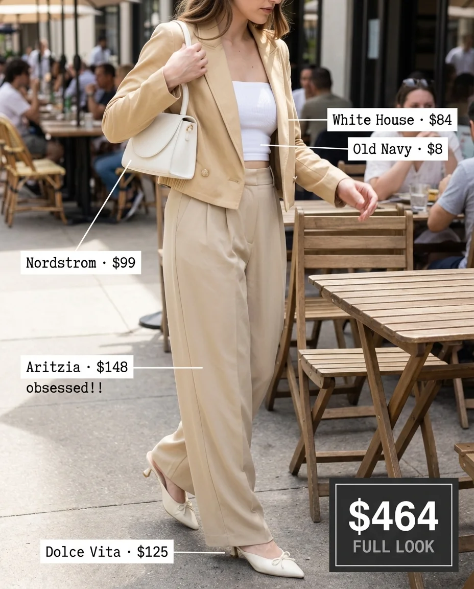 A polished baddie summer outfit for brunch, featuring beige wide-leg trousers, a white ribbed bandeau crop top, and a matching beige cropped blazer.