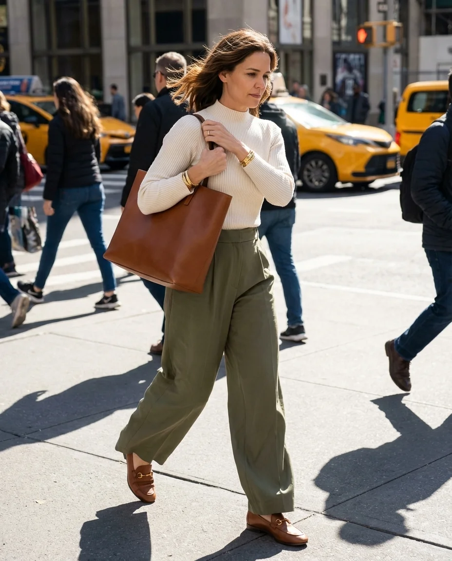 A polished city safari chic summer mom outfit 2026 with olive green tailored linen pants, an ivory knit top, cognac loafer mules, and a matching leather tote.