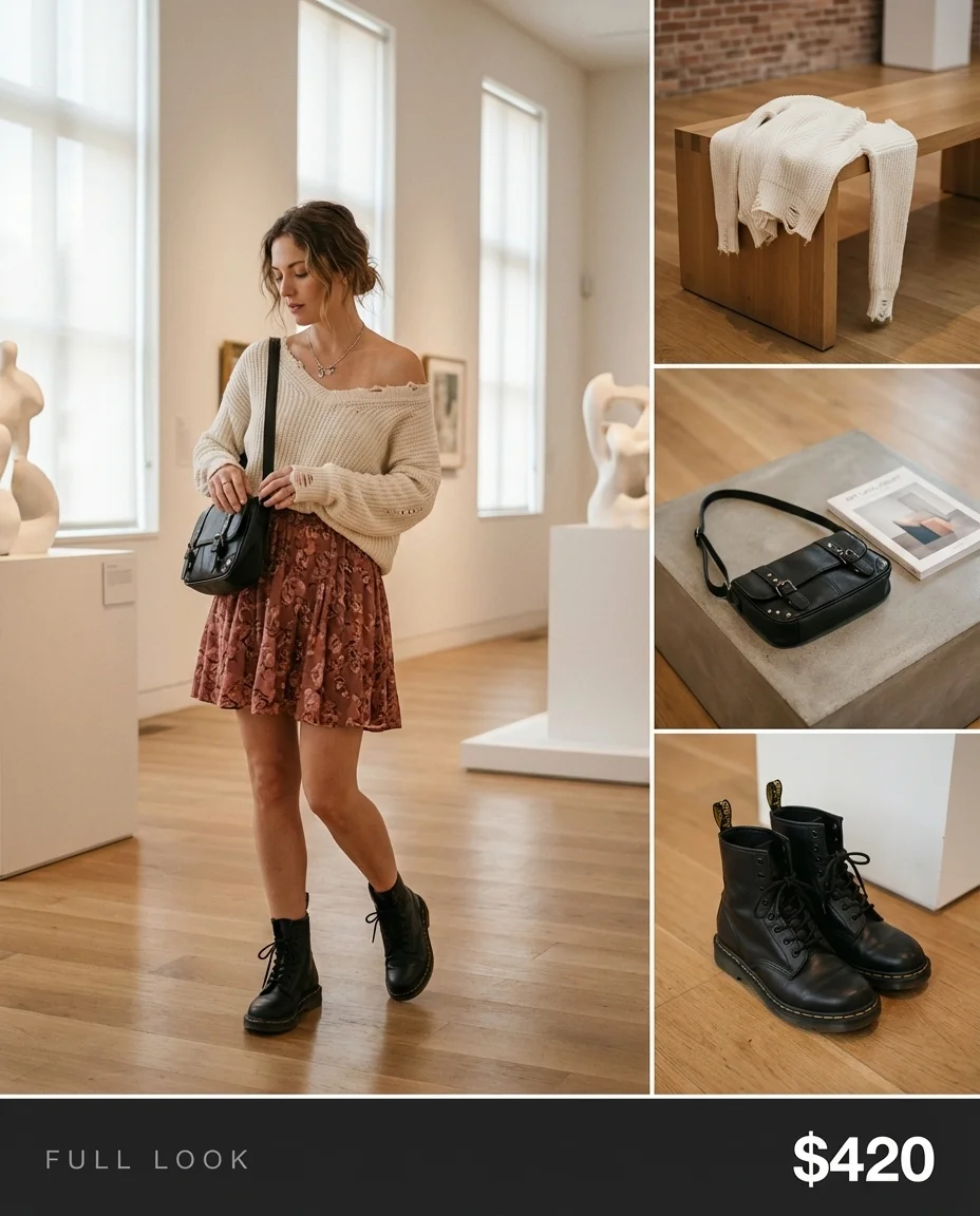 A romantic soft grunge outfit with a distressed cream open-knit sweater, dark floral mini skirt, and black combat boots, perfect for grungy summer outfits.