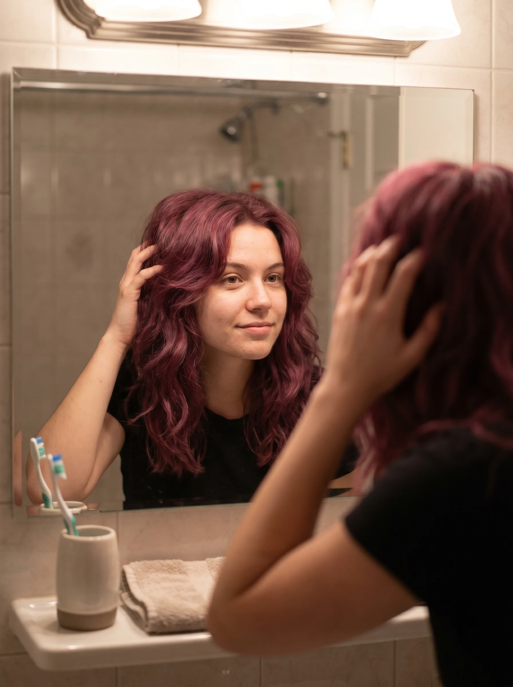 A 'Soft Goth Summer' hairstyle featuring chunky deep berry face-framing highlights on dark hair with a sleek middle part. This edgy and mysterious cute hair style is perfect for summer concerts 2026.