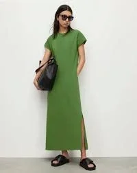 ALLSAINTS Anna Maxi T-Shirt Dress Modern Cotton Side Slits Shapeless Green US 4