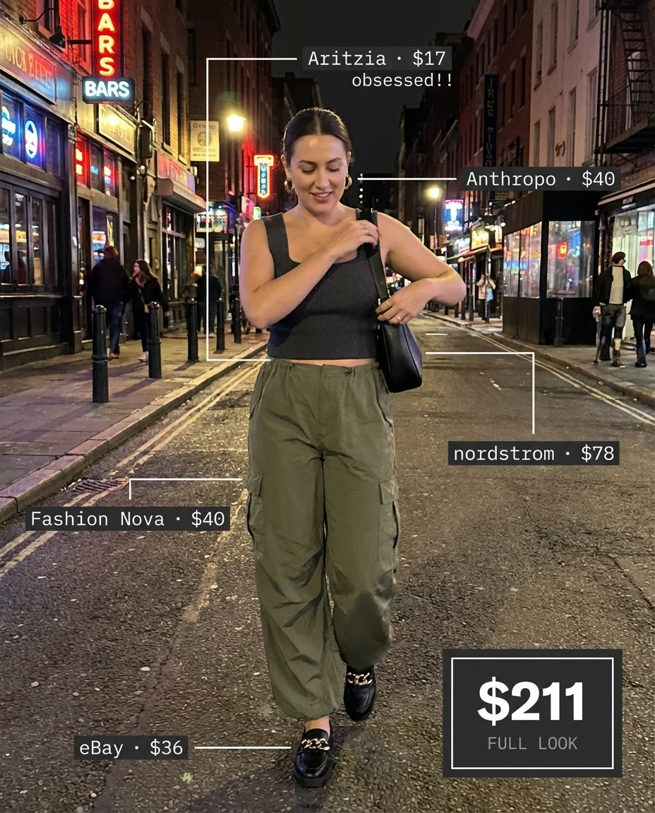 An assertive night out look with olive green cargo pants, a black ribbed crop top, and chunky loafers, perfect for grungy summer outfits.