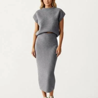 Anna-Kaci Women's Ribbed Knit Sleeveless Top and High Waist Midi Skirt
