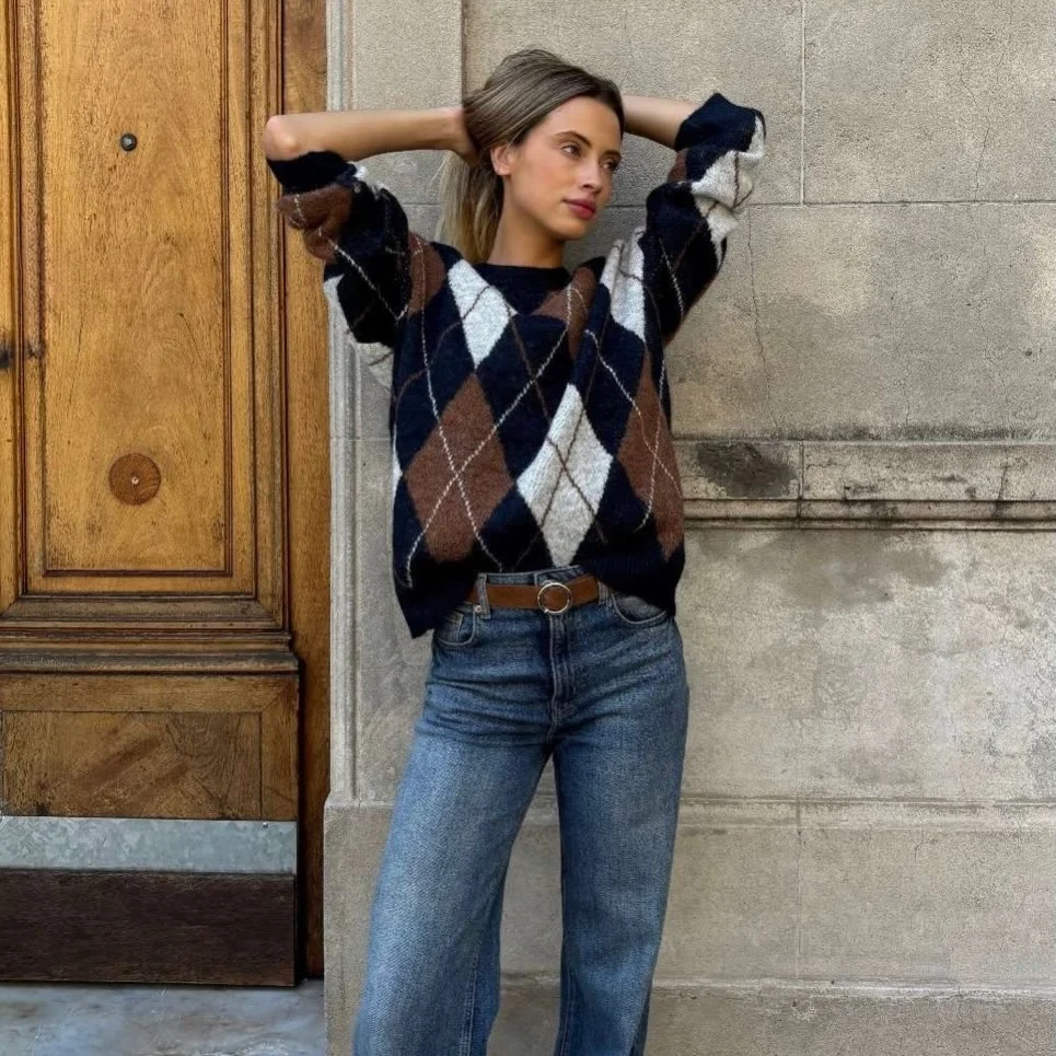 Argyle Sweater And Straight Leg Denim Outfit
