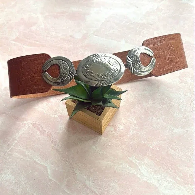 Avion Wide Tooled Caramel Leather Belt - W/large Silver Scroll Buckle