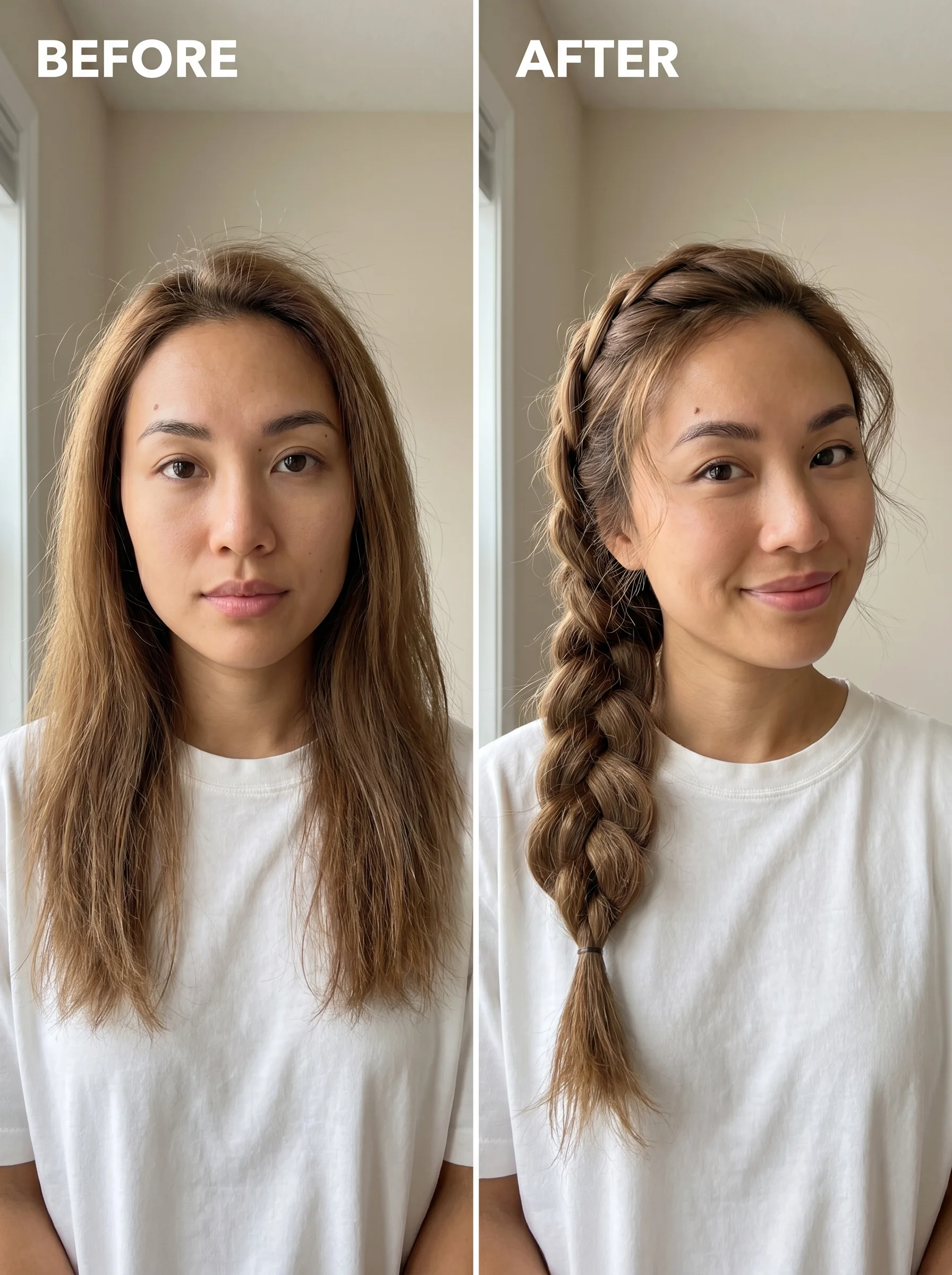 Beautiful Nectarine Blonde long hair summer hairstyle 2026, featuring a relaxed 'Pancake' Braid with Scandi-Hairline for a beach day. Styled with volumizing spray and clear elastics.