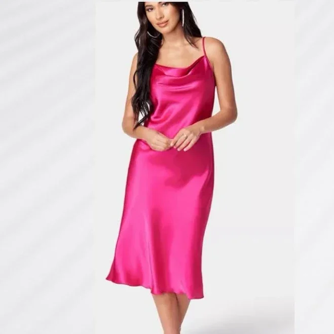 Bebe Satin Midi Slip Dress Women's Sz L Fuschia Cowl Neck Adjustable Straps | eBay