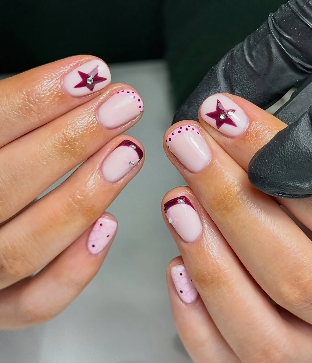 Berry Star and Polka Dot Pink Short Glossy Nails