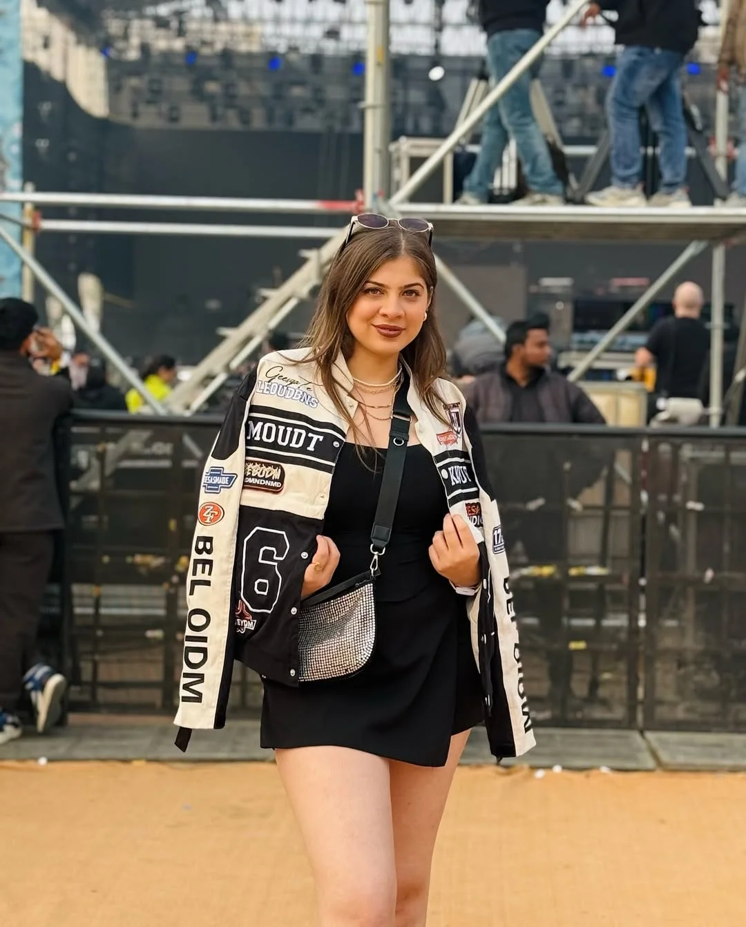 Biker Jacket Over Black Mini Dress Concert Look