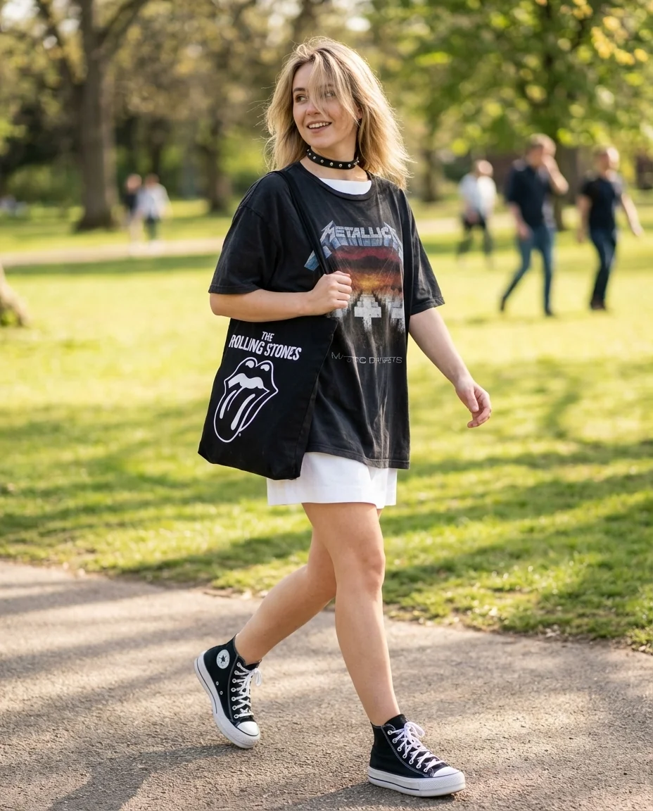 Black and white striped mini dress layered with a vintage band tee and chunky platform sneakers, perfect for grungy summer outfits.