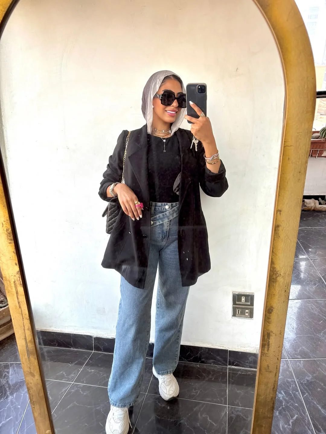 Black Blazer With Wide Leg Jeans And Sneakers