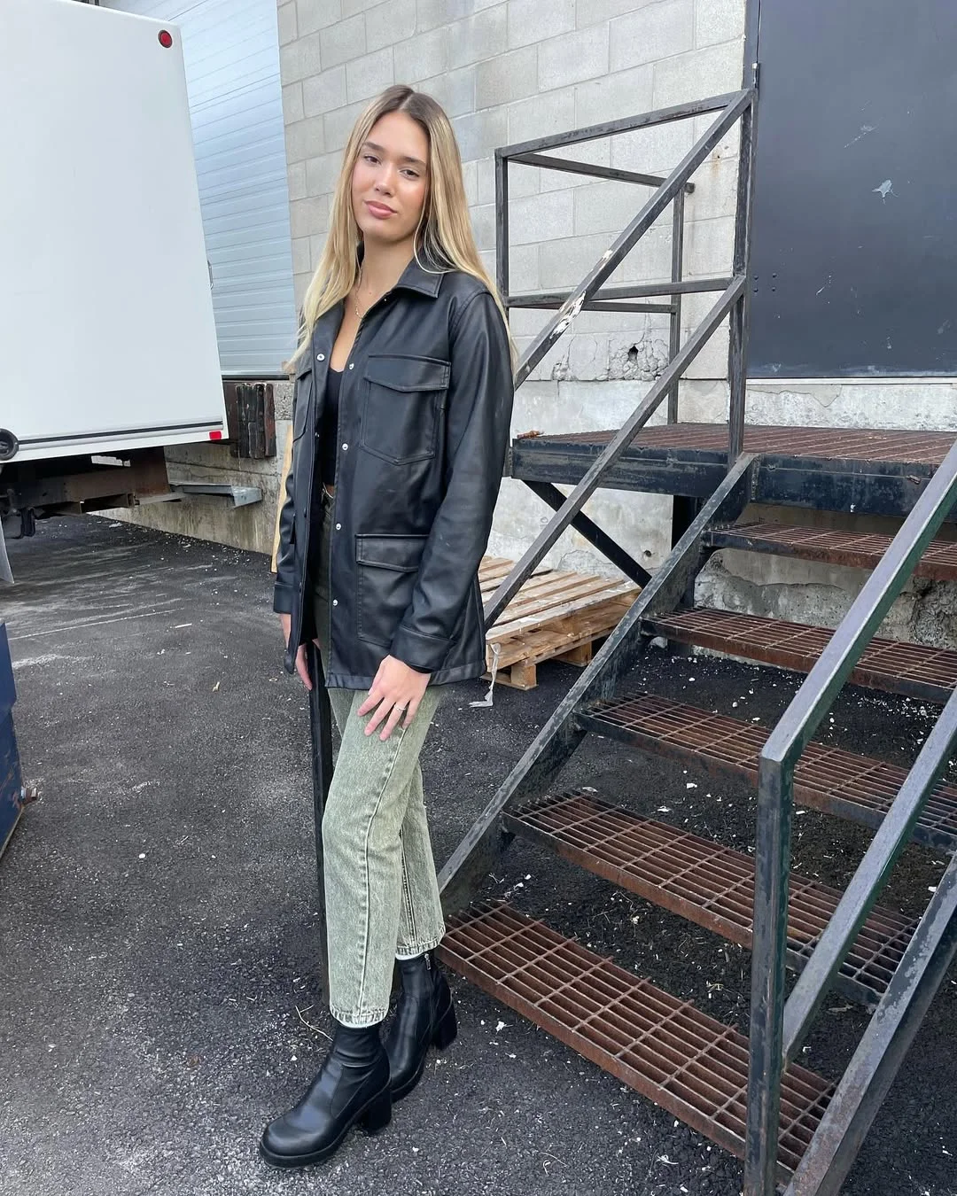 Black Faux Leather Jacket With Washed Green Denim