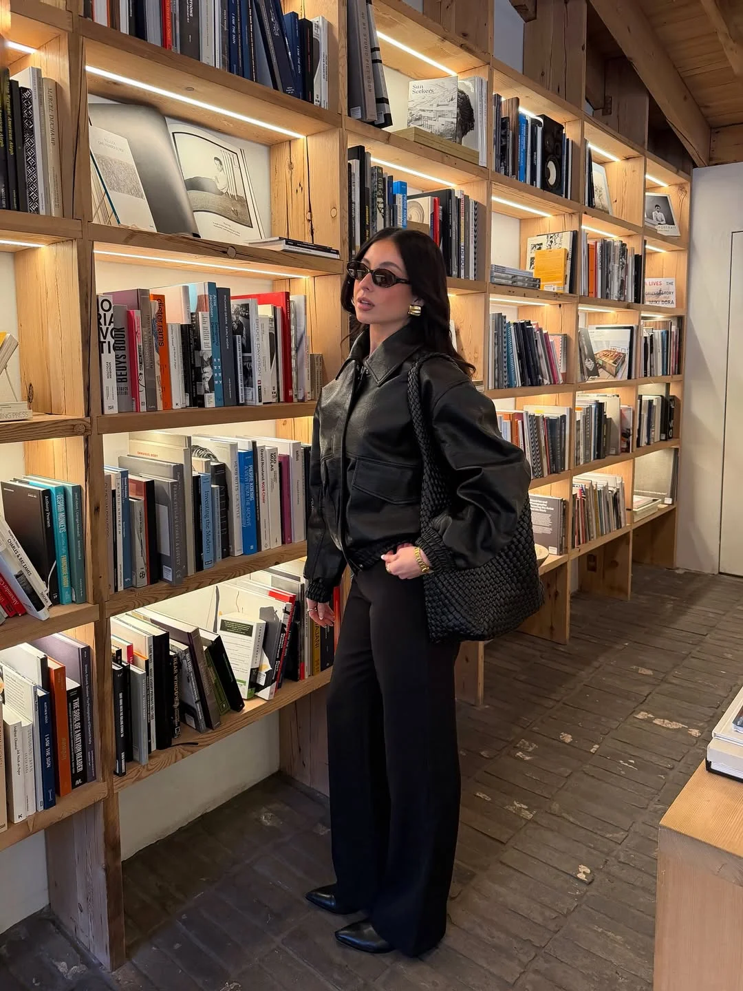 Black Leather Bomber And Wide Leg Trousers